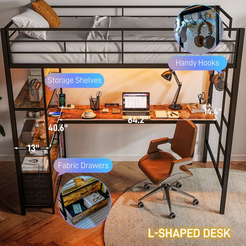 Twin Loft Bed with Desk LED Lights Metal Loft Bed Frame, Black - Picture 6 of 11