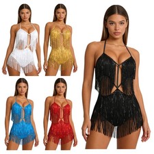 Womens Belly Dance Fringed Sequin Bodysuit Hollow Out Jumpsuit for Latin Dance