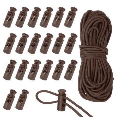 20 Pcs Plastic Cord Locks & 16 ft Elastic Cord, Double-Hole Toggles, Dark Brown