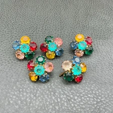 Vintage Fancy 5 Button Studs Glass Colored Faceted Stones 1" Round Prong Set
