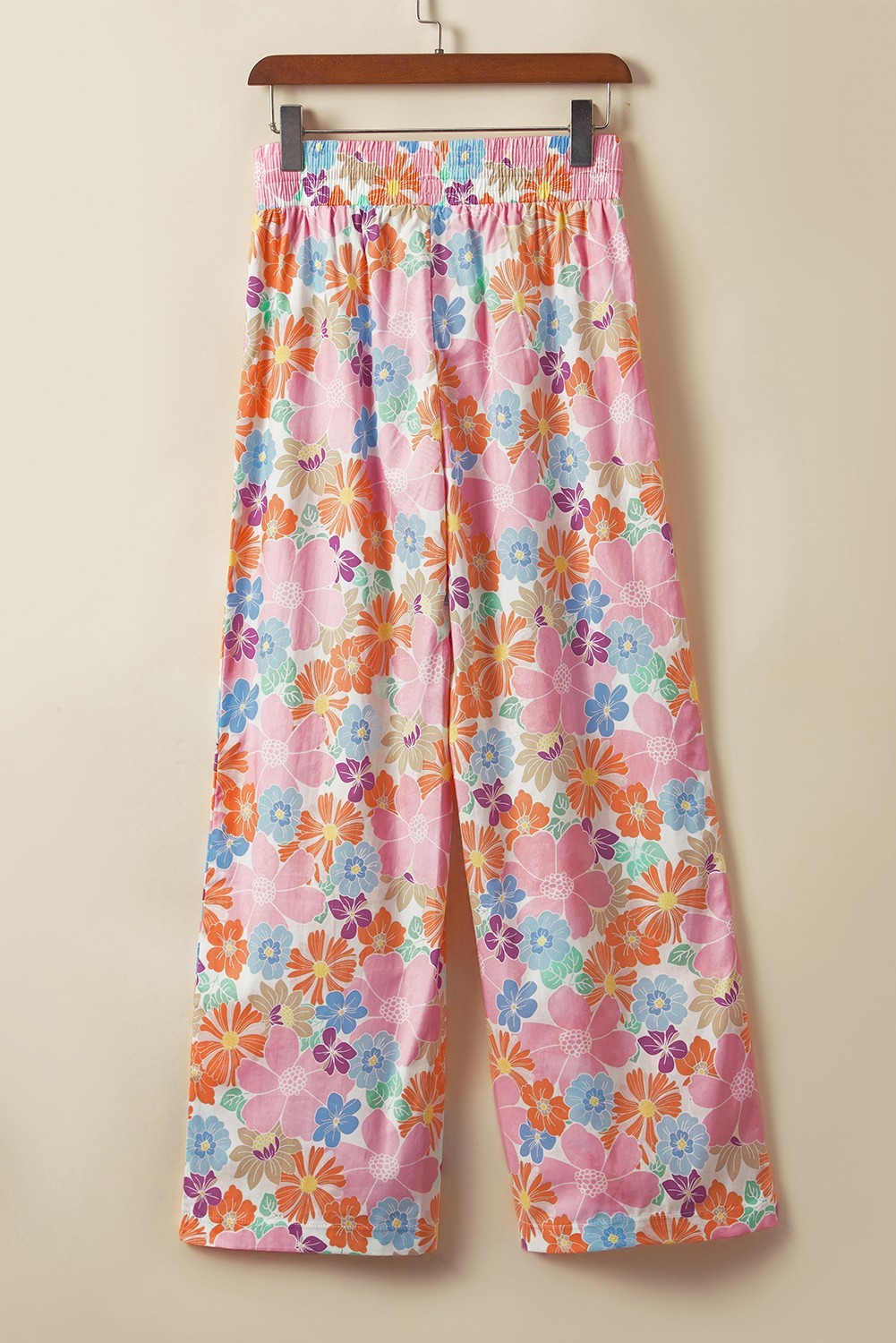 Women’s Pink Floral Wide Leg Trousers Smocked Waist Loose Summer Boho Pants L image 6