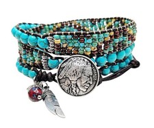 Native American Style Beaded Boho Leather Wrap Bracelet With Turquoise Beads