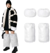Women’s White Fuzzy Leg & Arm Warmers Winter Boot Covers Cold Weather Warmers