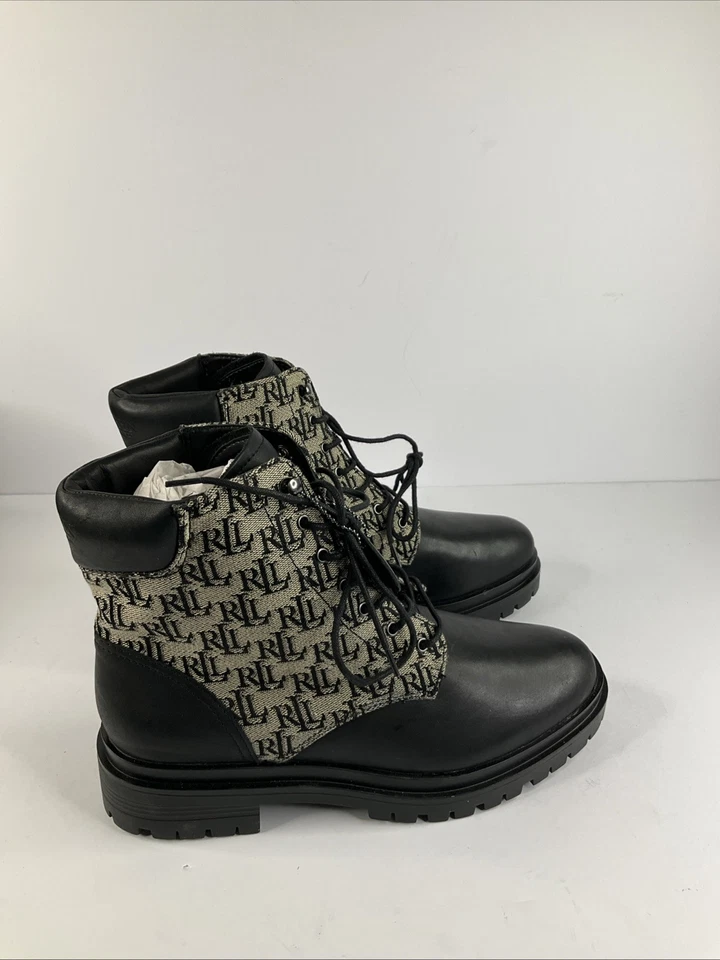 Lauren Ralph Lauren Carlee RL Monogram Jacquard Lug Sole Booties Black Size 10 - Image 3 of 4