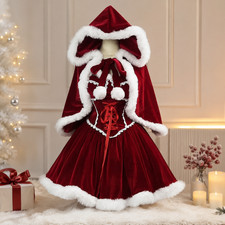 Red Hooded Holiday Cape Costume Set Women's Warm Cloak Party Outfit Plus Size