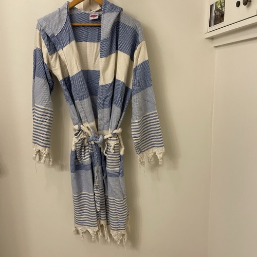 Gozde Tekstil Peshtemal 100% türkische Baumwolle Bademantel, creme blau, XL - Bild 1 von 10