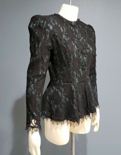 vtg Jessica McClintock victorian steampunk black lace teal buttoned top jacket 6 - Picture 3 of 9