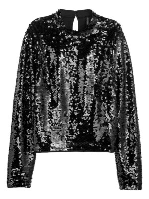 New H&M Black Sheer Sequin Long Sleeve Top Sz S
