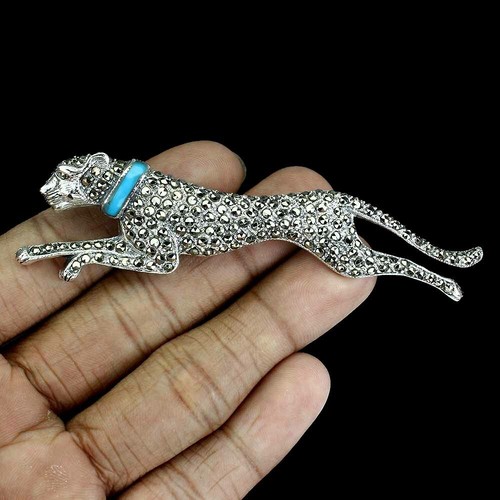 925 Sterling Silver Brooch Turquoise Stabilized Marcasite Tiger Gemstone Jewelry - Picture 2 of 10