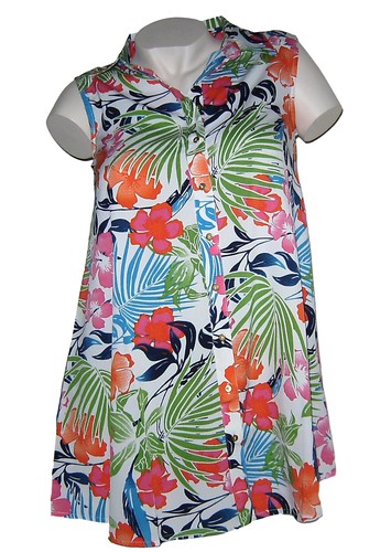 Chillytime Longbluse Sommer Bluse Gr 34 XS A - Form Hawaii Palmen weiß bunt  neu - Bild 1 von 2