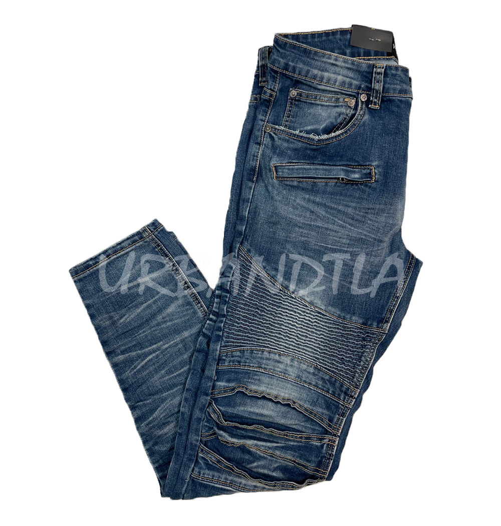 Men's Stretch Washed Denim Biker Jeans Distressed Moto Jeans