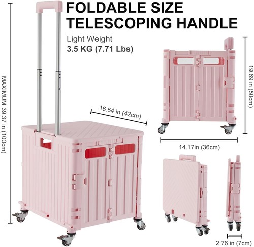 Pink Folding Utility Cart: Portable Rolling Crate Handcart with Lid & Wheels - Picture 4 of 9