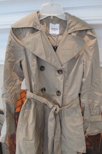 BEBE LT Camel Double Breasted Belted Lightweight Ruffled French/Trench Coat Sz S - Picture 3 of 12