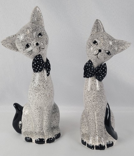 VTG Retro MCM Ceramic Speckled Black & White Long Neck Siamese Cat Figurines 10"