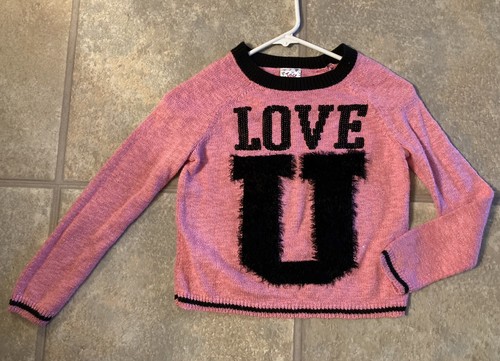 Justice Girl’s Size 10 Bright Pink & Black Acrylic Blend Sweater Say’s “Love U” - Picture 4 of 6
