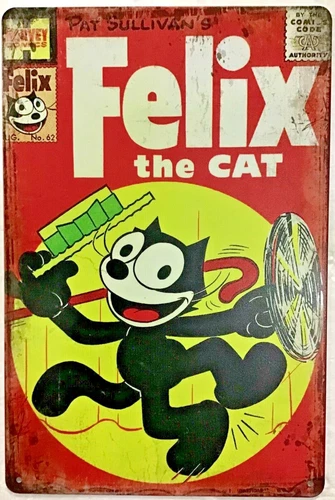 TIN SIGN 8x12 Felix black cat cartoon comic book hat cane vintage TV show A74