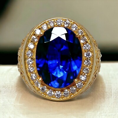 Blue Sapphire With 925 Sterling Silver Gold Plated Ring For Men's #AL416