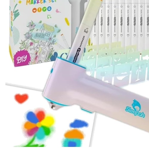 Kids' Air Brush Marker Set - 12 Washable Colors and 20 Stencils for Creative Fun
