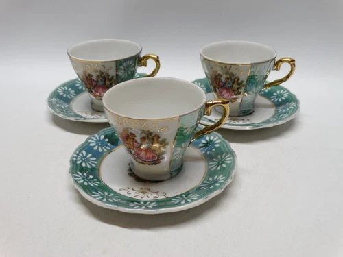 Set of 3 Vtg Green Lusterware Courting Couples Demitasse Tea Cup & Saucer Japan