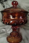 Vtg Indiana Colony Glass Amber Kings Crown Thumbprint Covered Candy Compote Dish
