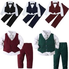 4Pcs Kids Gentleman Suit Boys Long Sleeve Formal Outfit Vest Shirt Waistcoat