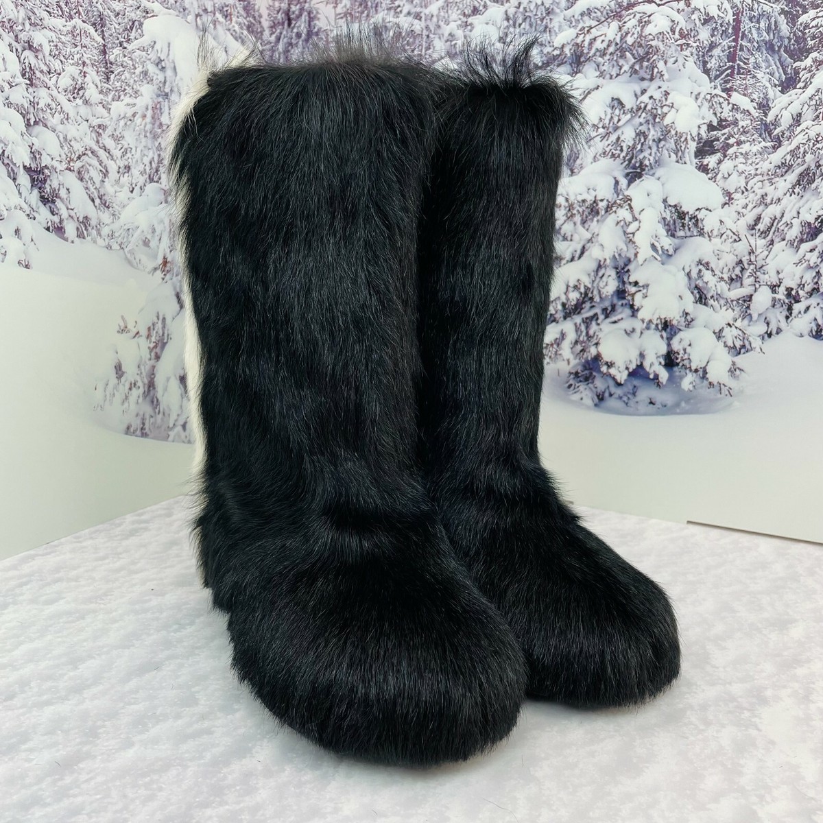 Black/White Goat Fur Boots for Women, Snow furry Boots Black/White Goat Fur Boots for Women, Snow furry Boots