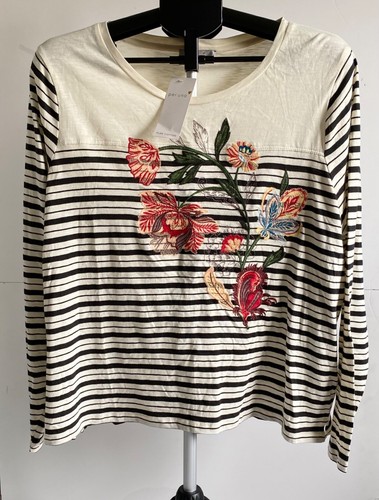 PER UNA LONG SLEEVED TOP SIZE 22 (UK) CREAM + BLACK STRIPE + FLORAL DESIGN *NEW*