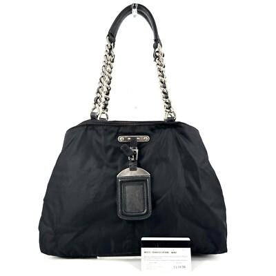 PRADA Chain Shoulder Bag Hand Bag Nylon Black Tag Made In ITALY Auth