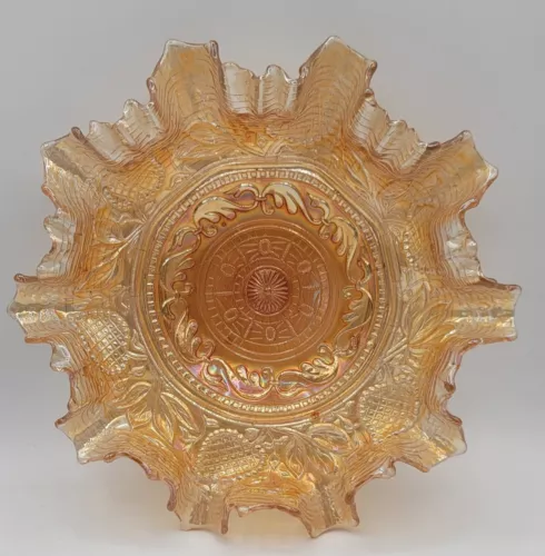 Vintage Dugan Fanciful Carnival Glass Bowl Peach Marigold Amber Opalescent 