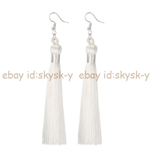 Women's Multicolor Long Tassel Silk Fabric Dangle Jewelry Silver Hook Earrings - Picture 34 of 37