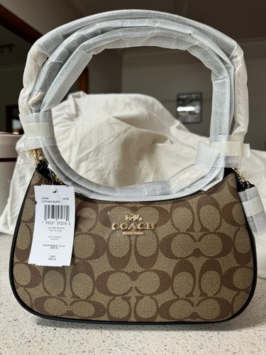 Coach crossbody Teri Shoulder Bag In Signature Canvas Khaki black trim small - Picture 7 of 16