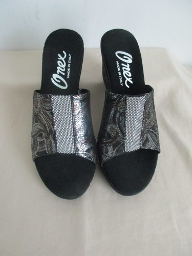 Onex "Danica" Black Metallic Paisley Silver Rhinestone Wedge Mules/Sandals 8 Pre - Picture 5 of 24