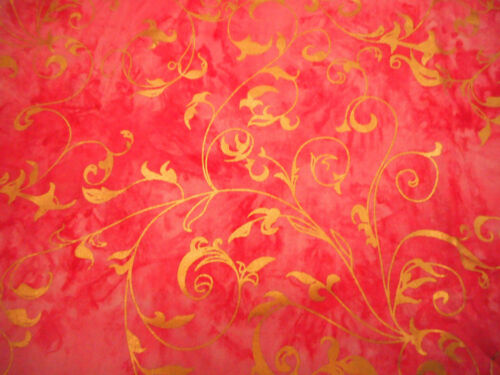 Batik Fabric 3/4+ Yard Metallic Gold Floral on Pink Premium Cotton #43 - Picture 2 of 2