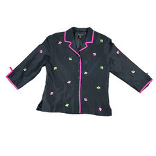 Vintage Silk Black Embroidered Umbrella Funky 3/4 Sleeve Jacket 8 By Silkland