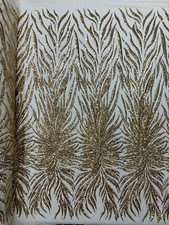 FEATHERS - Design Sequins Embroider 4 Way Stretch Mesh Fabric By The Yard