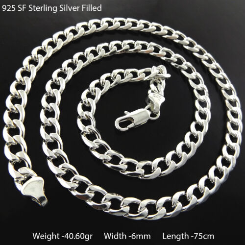 Collar y pulseras reales de cadena cubana de plata esterlina 925 rellenos de bordillo liso - Imagen 19 de 47