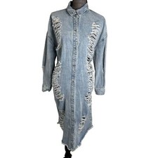 Vtg Long Denim Jacket Sz S Light Wash Trench Snap Button Super Distressed Grunge