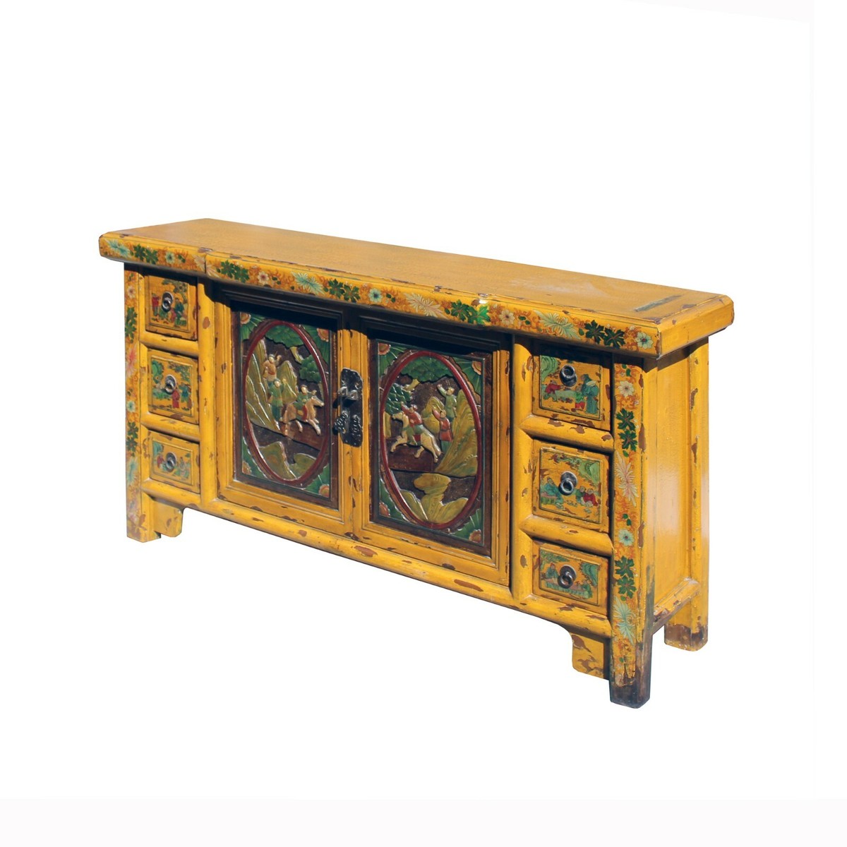 Chinese Distressed Yellow Carving Motif TV Console Table Cabinet cs5905S Chinese Distressed Yellow Carving Motif TV Console Table Cabinet cs5905S