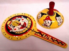 PAIR OF 1950'S KIRCHHOF LIFE OF THE PARTY TIN LITHO NOISEMAKERS CLOWN THEME