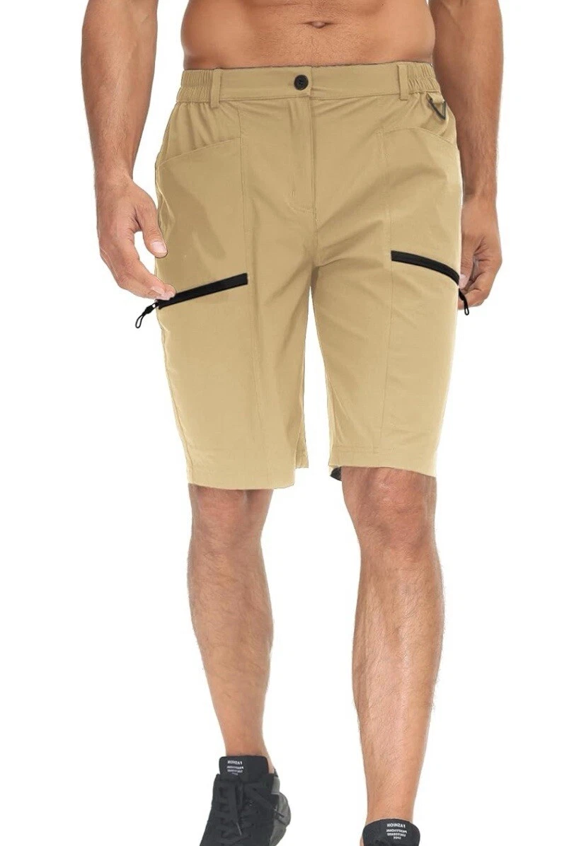 Size Large Mens Dark Khaki Hiking Zipper Cargo Pockets Shorts Quick-Dry W/D Ring