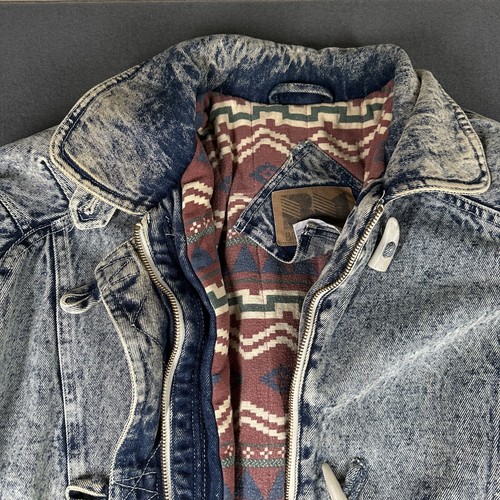Vintage British Mist Jacket Mens Medium Blue Denim Aztec Lined Parka Coat 90s - Picture 6 of 17