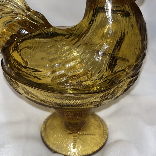 L.E. Smith Gallo Vetro Ambrato Coperchio Piedistallo Piatto Caramelle 9" Vintage - Foto 8 di 16