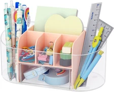 LETURE Clear Desk Organizer with drawer, Acrylic Pen Pencil Markers Pink 