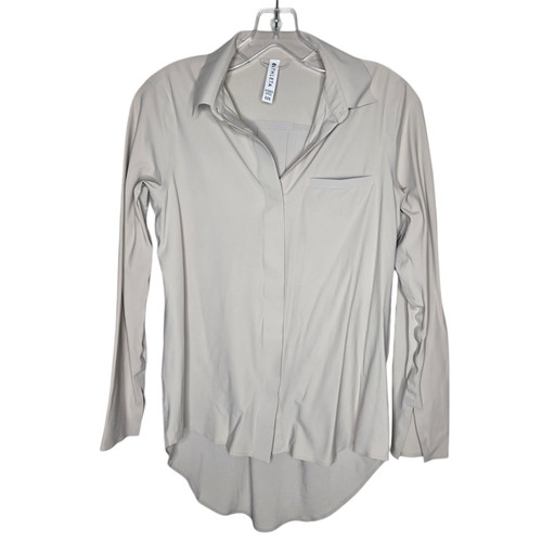 Athleta Damen Urbanite Langarm Button Down Shirt Oberteil Größe XXS beige belüftet