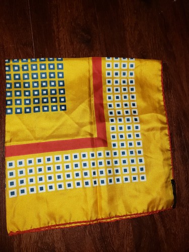 Vintage 26" Ashear Silk Scarf Hand Rolled Italy Yellow Gold Red Blue Geometric - Picture 9 of 11
