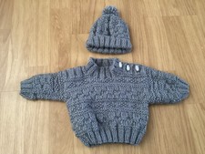 Baby New Grey Hand Knitted Guernsey Jumper And Hat,  0-3 Months