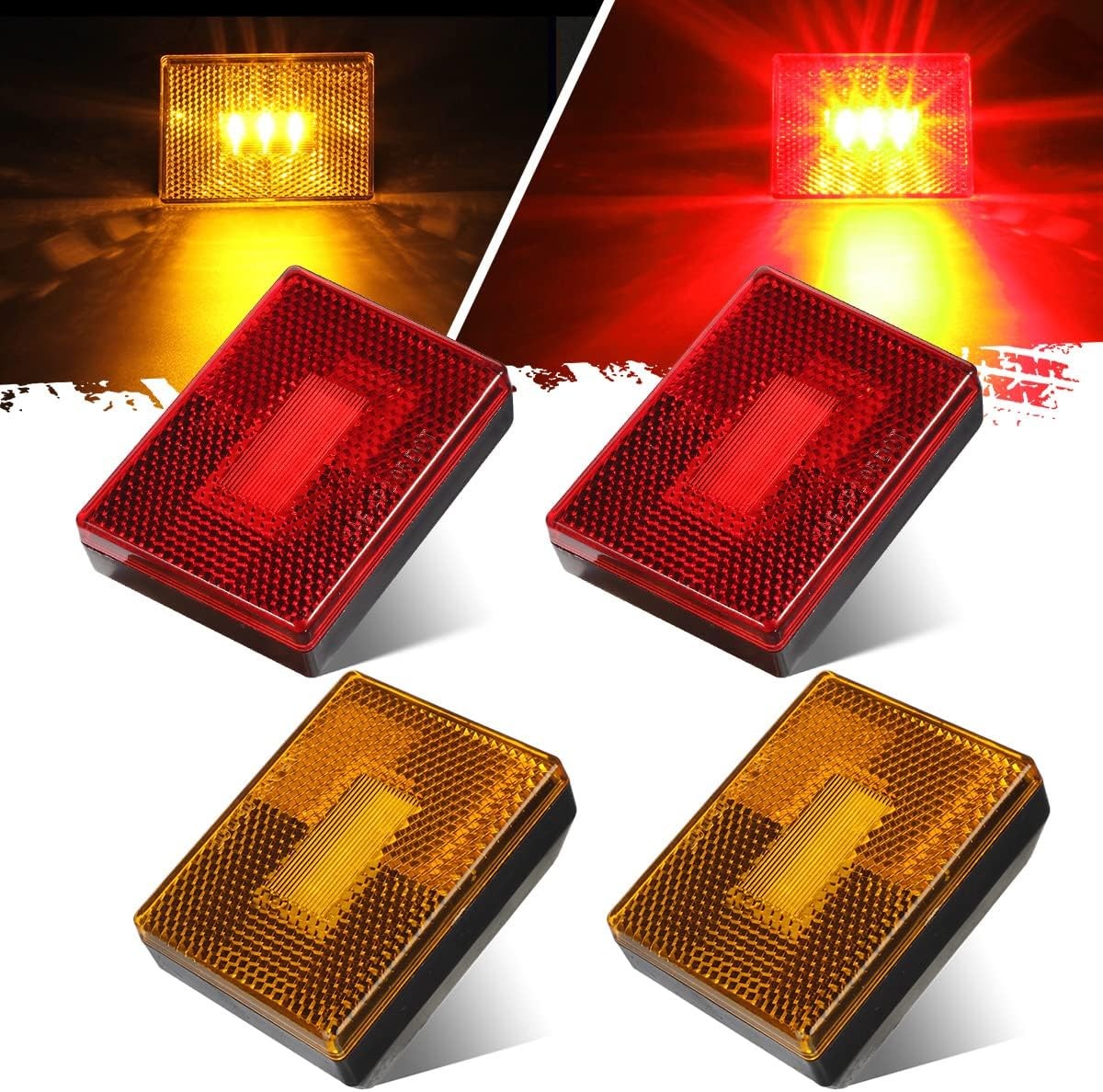 4 Pcs(2Amber 2Red) Square LED Trailer Clearance Side Marker Light with Amber/Red