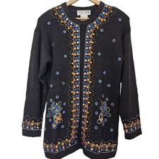 Vintage Beaded Sweater Womens Medium Black 90s Embellished Glam Whimsygoth Retro
