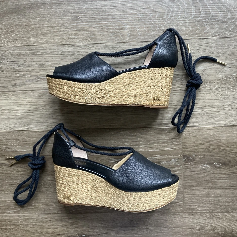 Michael Kors Alpargatas Sandalias Plataforma Talla 8 Cuero Negro Atado Foto 4 de 4