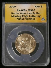 Mint Error 2009 MS-65 Native American Dollar Missing Date & Edge Lettering